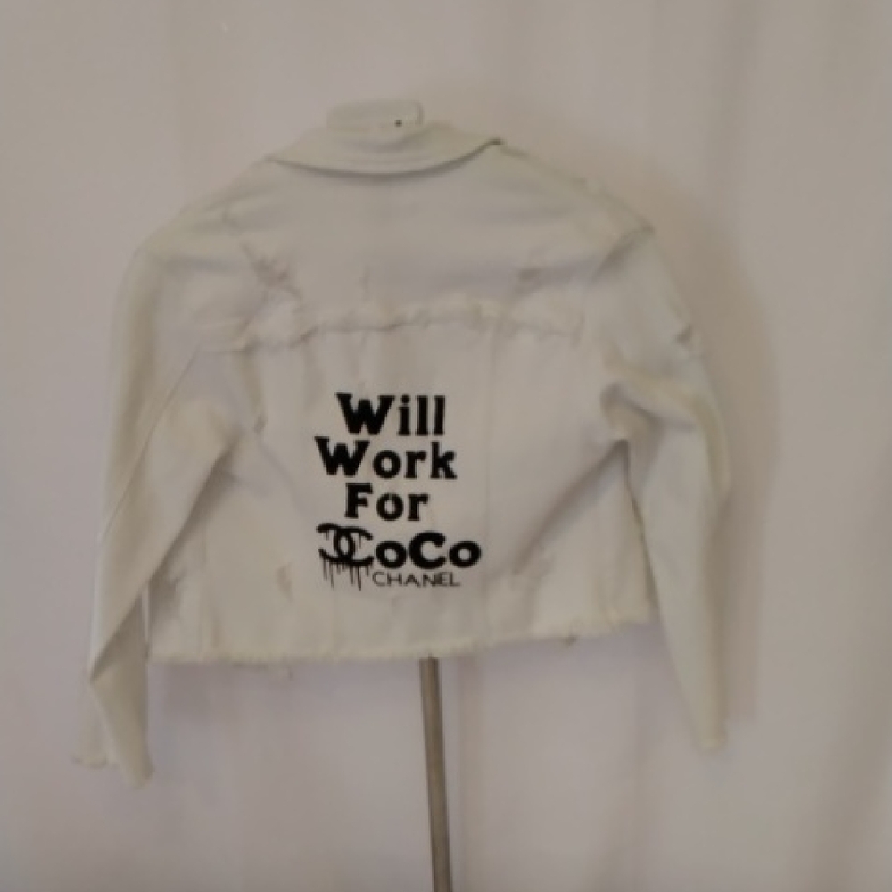 White Denim Jacket with Graphic Text